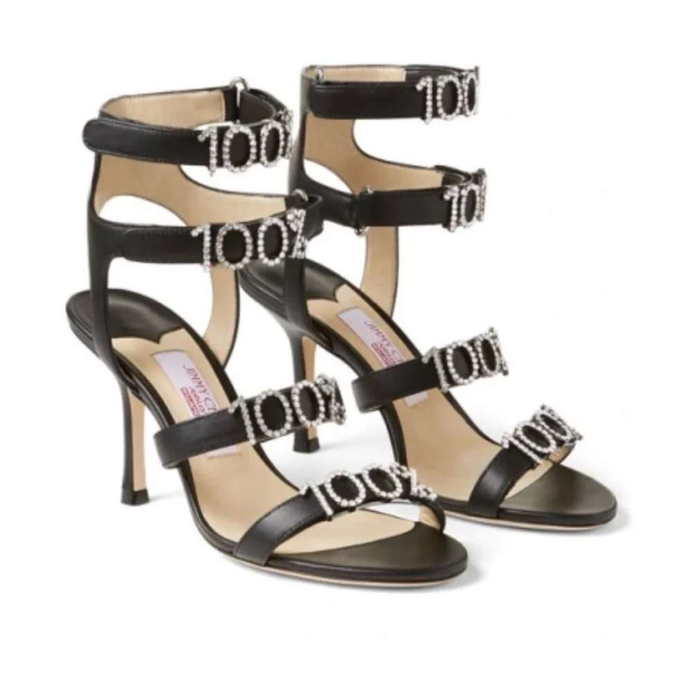 JIMMY CHOO x Ashley Williams Black Leather Crystal 100% Heel Sandals Sz 37.5